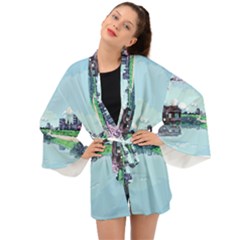 Japanese Themed Pixel Art The Urban And Rural Side Of Japan Long Sleeve Kimono by Sarkoni