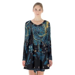 Hogwarts Starry Night Van Gogh Long Sleeve Velvet V-neck Dress by Sarkoni