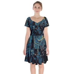 Hogwarts Starry Night Van Gogh Short Sleeve Bardot Dress by Sarkoni