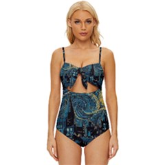 Hogwarts Starry Night Van Gogh Knot Front One-piece Swimsuit by Sarkoni