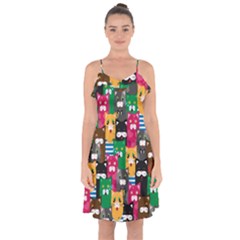 Cats Funny Colorful Pattern Texture Ruffle Detail Chiffon Dress by Grandong