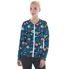 Fish Sea Animals Pattern Velvet Zip Up Jacket by Ndabl3x