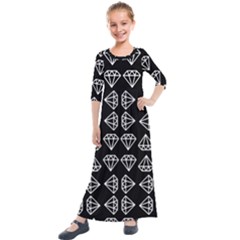 Black Diamond Pattern Kids  Quarter Sleeve Maxi Dress by Ndabl3x