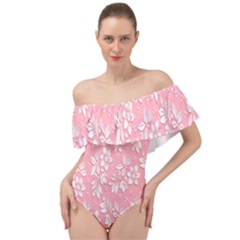 Pink Texture With White Flowers, Pink Floral Background Off Shoulder Velour Bodysuit  by nateshop