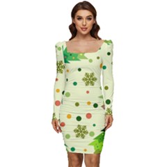 Geometric Christmas Pattern Women Long Sleeve Ruched Stretch Jersey Dress by Grandong