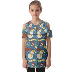 Winter Blue Christmas Snowman Pattern Fold Over Open Sleeve Top by Grandong