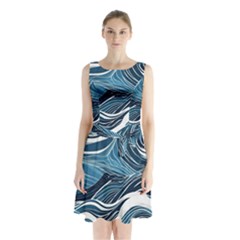 Abstract Blue Ocean Wave Sleeveless Waist Tie Chiffon Dress by Jack14