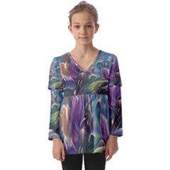 Abstract Blossoms  Kids  V Neck Casual Top by Internationalstore