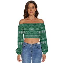 Christmas Knit Digital Long Sleeve Crinkled Weave Crop Top by Mariart