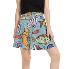 Cartoon Underwater Seamless Pattern With Crab Fish Seahorse Coral Marine Elements Waistband Skirt by uniart180623