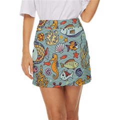 Cartoon Underwater Seamless Pattern With Crab Fish Seahorse Coral Marine Elements Mini Front Wrap Skirt by uniart180623