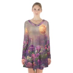 Floral Blossoms  Long Sleeve Velvet V-neck Dress by Internationalstore