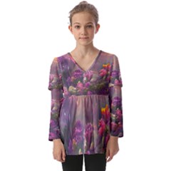 Floral Blossoms  Kids  V Neck Casual Top by Internationalstore