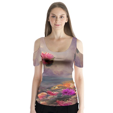 Floral Blossoms  Butterfly Sleeve Cutout T-shirt  by Internationalstore