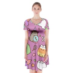 Pusheen Cat Short Sleeve V-neck Flare Dress by Pakjumat