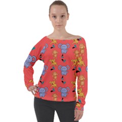 Elephant Monkey Dog Cartoon Off Shoulder Long Sleeve Velour Top by Pakjumat
