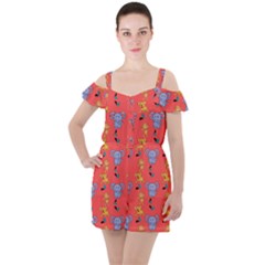 Elephant Monkey Dog Cartoon Ruffle Cut Out Chiffon Playsuit by Pakjumat