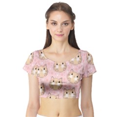 Cat Pattern Pink Cartoon Short Sleeve Crop Top by Pakjumat