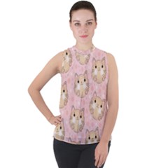 Cat Pattern Pink Cartoon Mock Neck Chiffon Sleeveless Top by Pakjumat