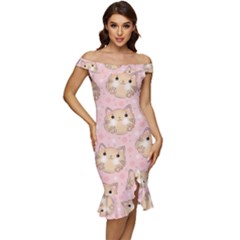 Cat Pattern Pink Cartoon Off Shoulder Ruffle Split Hem Bodycon Dress by Pakjumat