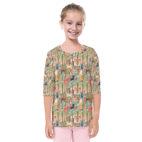 Animal Forest Pattern Kids  Quarter Sleeve Raglan T-shirt by Pakjumat