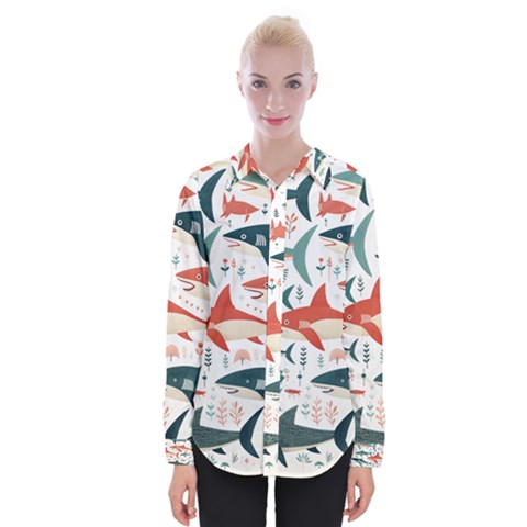 Fish Shark Animal Pattern Womens Long Sleeve Shirt by Pakjumat