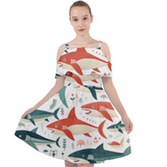 Fish Shark Animal Pattern Cut Out Shoulders Chiffon Dress by Pakjumat