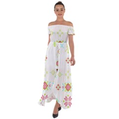 Christmas Cross Stitch Pattern Effect Holidays Symmetry Off Shoulder Open Front Chiffon Dress by Sarkoni