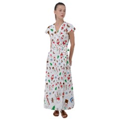 Christmas Santa Claus Pattern Flutter Sleeve Maxi Dress by Sarkoni