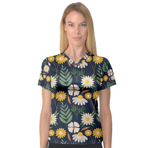 Flower Grey Pattern Floral V-neck Sport Mesh T-shirt by Dutashop