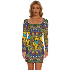 Grateful Dead Pattern Long Sleeve Square Neck Bodycon Velvet Dress by Sarkoni