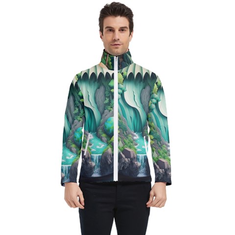 Waterfall Jungle Nature Paper Craft Trees Tropical Men s Bomber Jacket by uniart180623