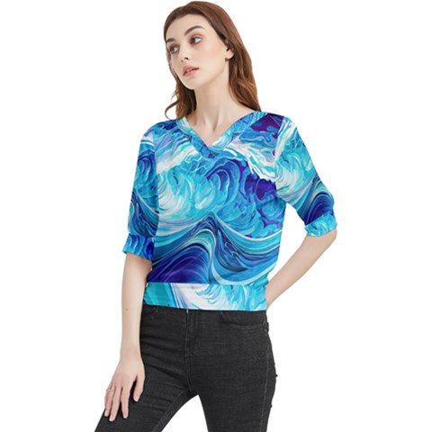 Tsunami Waves Ocean Sea Nautical Nature Water Quarter Sleeve Blouse by uniart180623