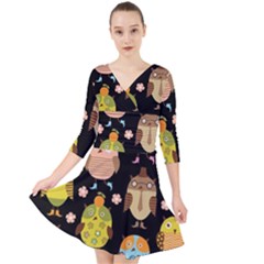 Cute Owls Pattern Quarter Sleeve Front Wrap Dress by Ket1n9