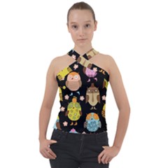 Cute Owls Pattern Cross Neck Velour Top by Ket1n9