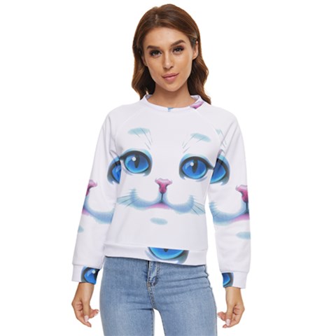 Cute White Cat Blue Eyes Face Women s Long Sleeve Raglan T-shirt by Ket1n9