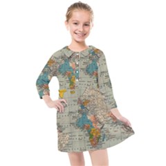 Vintage World Map Kids  Quarter Sleeve Shirt Dress by Ket1n9