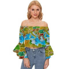 World Map Off Shoulder Flutter Bell Sleeve Top by Ket1n9