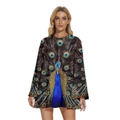 Peacock Round Neck Long Sleeve Bohemian Style Chiffon Mini Dress by Ket1n9