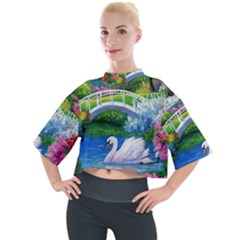 Swan Bird Spring Flowers Trees Lake Pond Landscape Original Aceo Painting Art Mock Neck T-shirt by Ket1n9