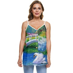 Swan Bird Spring Flowers Trees Lake Pond Landscape Original Aceo Painting Art Casual Spaghetti Strap Chiffon Top by Ket1n9