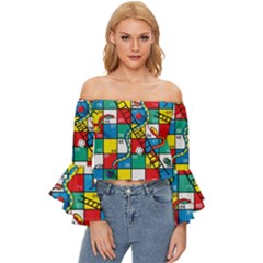 Snakes And Ladders Off Shoulder Flutter Bell Sleeve Top by Ket1n9