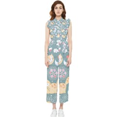 Cute Cat Background Pattern Women s Frill Top Chiffon Jumpsuit by Ket1n9