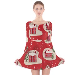 Christmas New Year Seamless Pattern Long Sleeve Velvet Skater Dress by Ket1n9