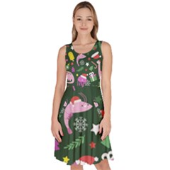 Dinosaur Colorful Funny Christmas Pattern Knee Length Skater Dress With Pockets by Ket1n9