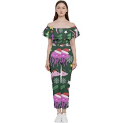 Dinosaur Colorful Funny Christmas Pattern Bardot Ruffle Jumpsuit by Ket1n9