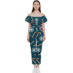 Christmas Seamless Pattern With Candies Snowflakes Bardot Ruffle Jumpsuit by Ket1n9