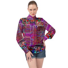 Technology Circuit Board Layout Pattern High Neck Long Sleeve Chiffon Top by Ket1n9