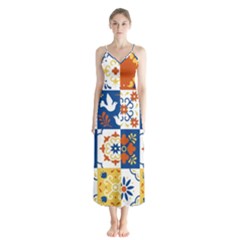 Mexican-talavera-pattern-ceramic-tiles-with-flower-leaves-bird-ornaments-traditional-majolica-style- Button Up Chiffon Maxi Dress by Ket1n9