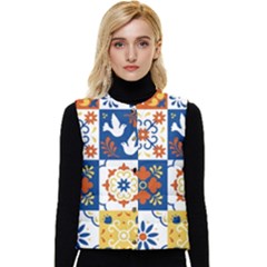 Mexican-talavera-pattern-ceramic-tiles-with-flower-leaves-bird-ornaments-traditional-majolica-style- Women s Button Up Puffer Vest by Ket1n9